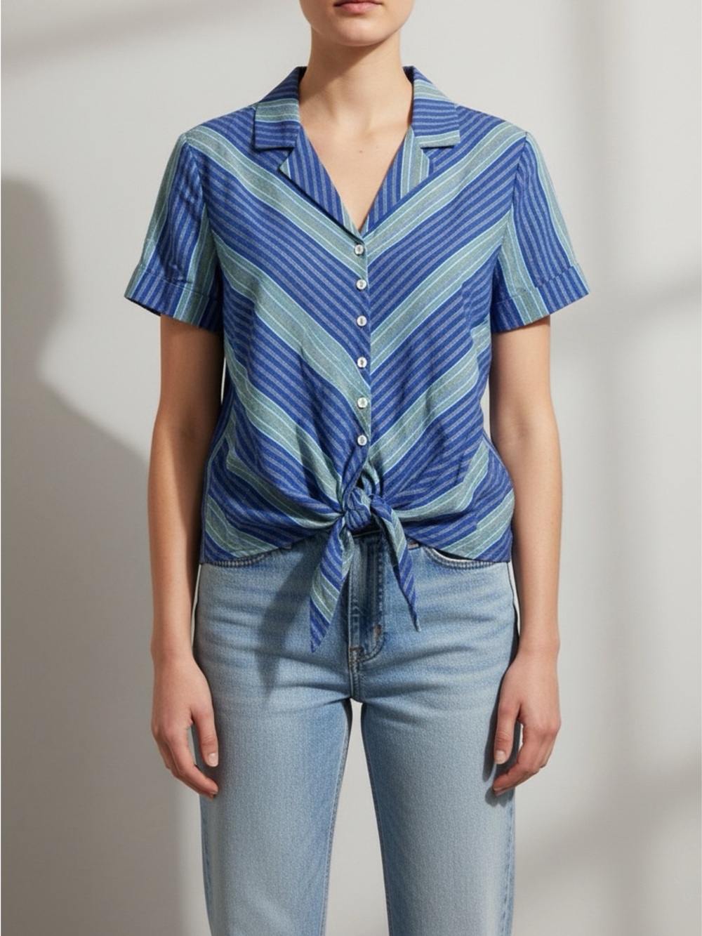 Striped Cotton Blue Tie-Front Short Sleeve Top